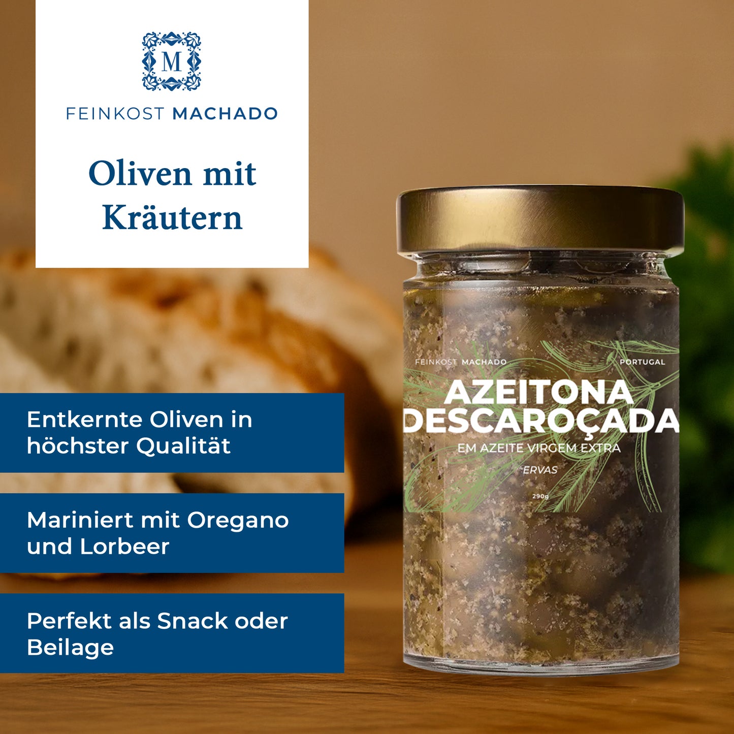 6x Feinkost Machado - Entkernte Oliven in Olivenöl mit Kräutern 290g