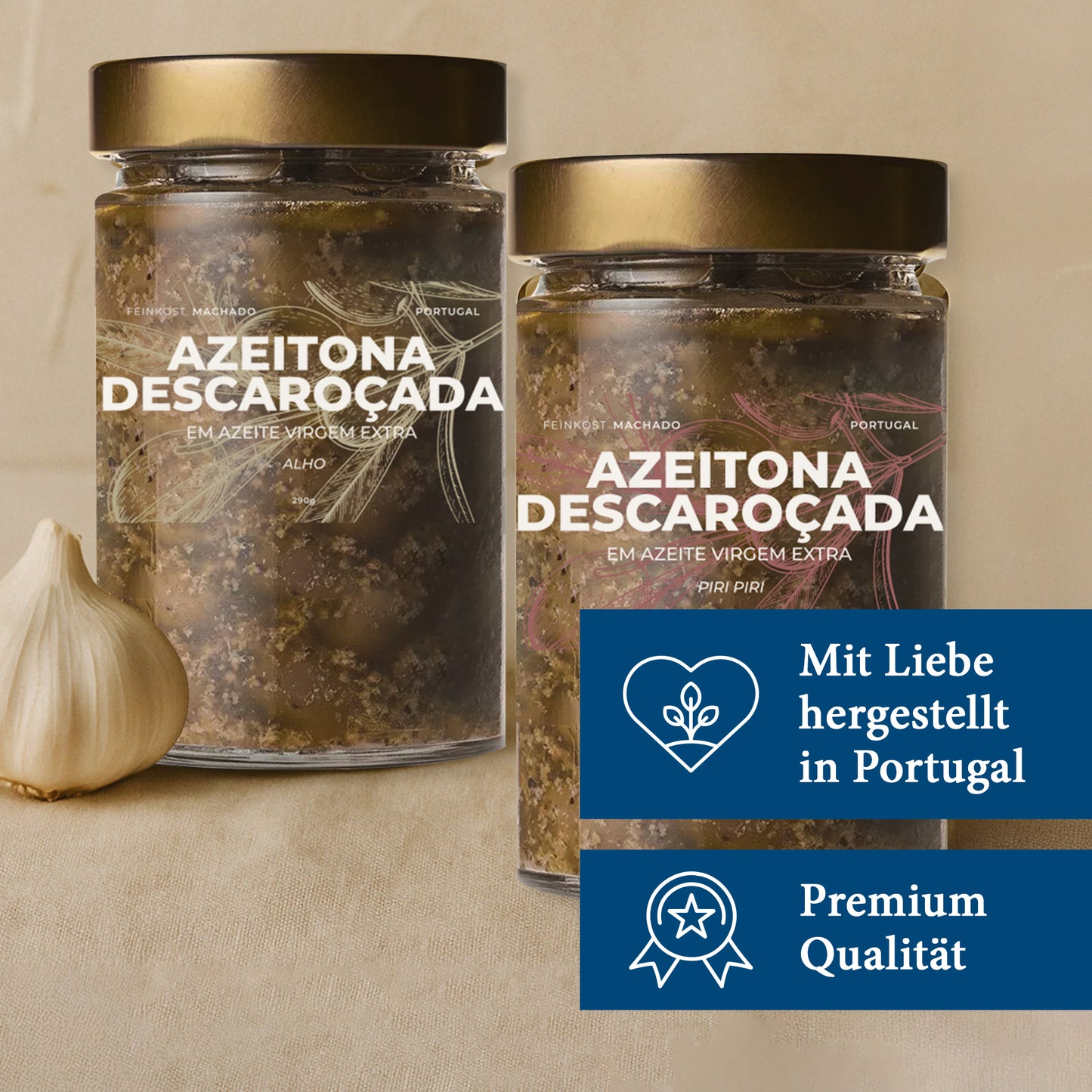 6x Feinkost Machado - Entkernte Oliven in Olivenöl mit Knoblauch 290g