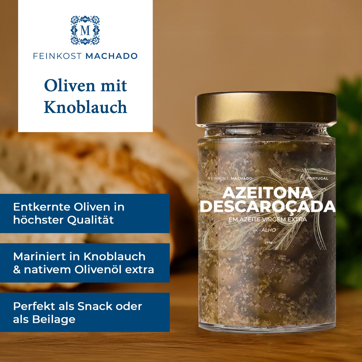 6x Feinkost Machado - Entkernte Oliven in Olivenöl mit Knoblauch 290g