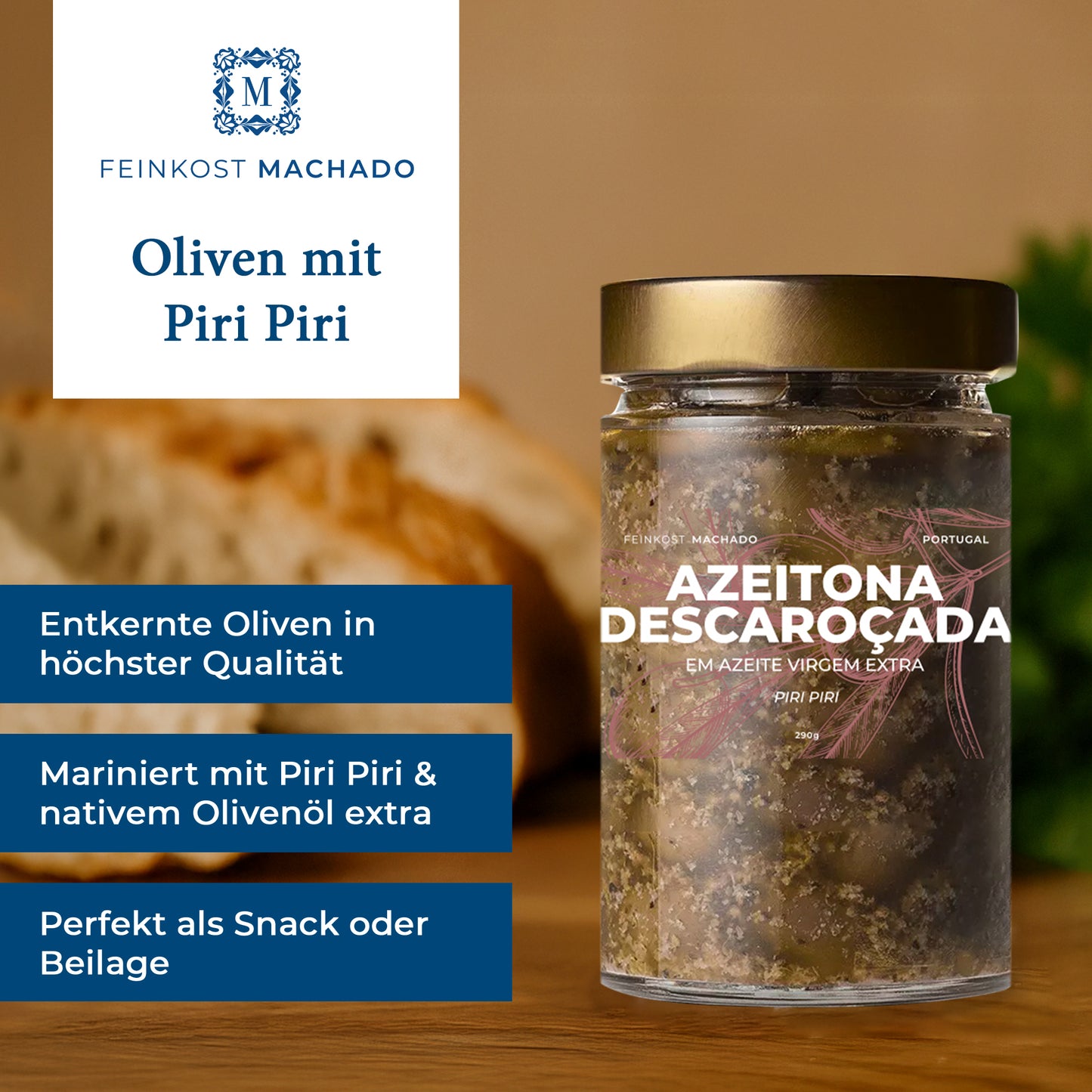 6x Feinkost Machado - Entkernte Oliven in Olivenöl mit Piri Piri 290g
