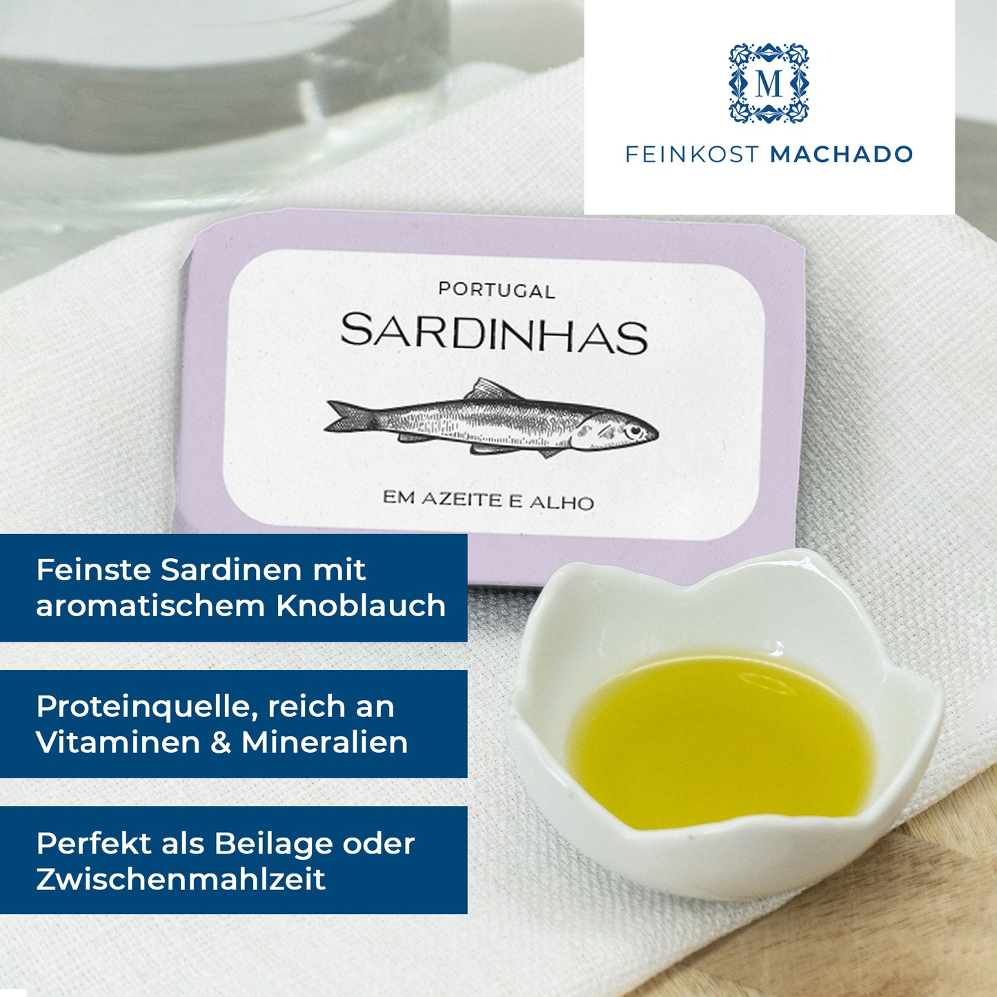 10x Feinkost Machado - Sardinen in Olivenöl und Knoblauch 120g