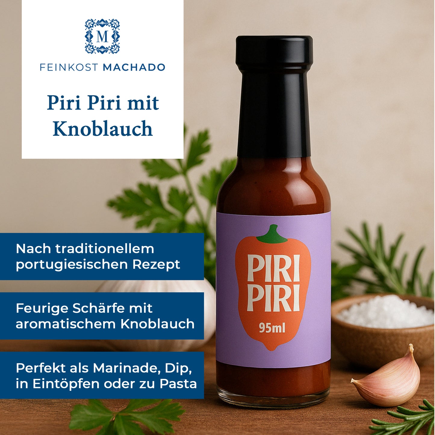 12x Feinkost Machado - Piri Piri mit Knoblauch 95ml