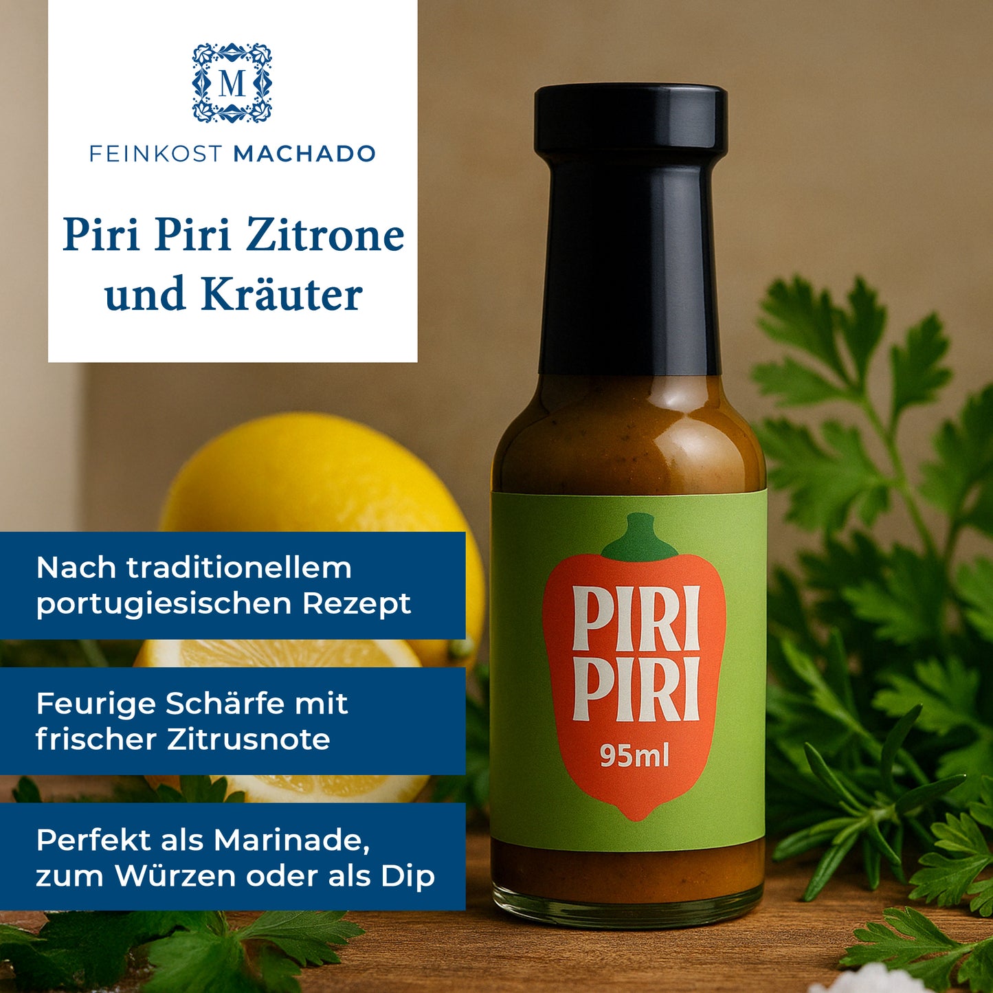 12x Feinkost Machado - Piri Piri Zitrone und Kräuter 95ml